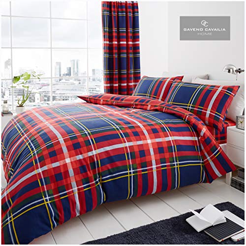 Gaveno Cavailia Luxury NEWTON TARTAN CHECK Bed Set with Duvet Cover and Pillow Case, Polyester-Cotton, Navy, Super-King