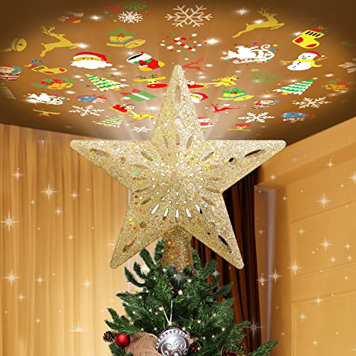 Christmas Tree Star Topper Lighted with 6 Projection Slides, Star Christmas Tree Topper LED Rotating 3D Lighted Gold Christmas Tree Topper Glitter Tree Topper Projector for Christmas Tree (Gold)