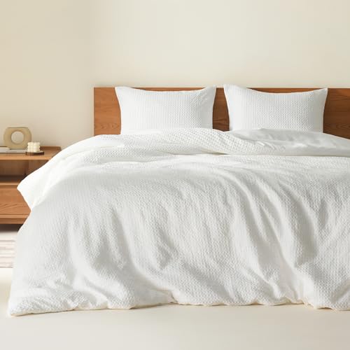 Comfort Spaces White Queen Duvet Cover Set - 3 Pieces Breathable Woven Waffle Knit Duvet Sets, Modern Farmhouse Boho Duvet Cover & Sham, All Season Microfiber Queen Bed Set, Full/Queen