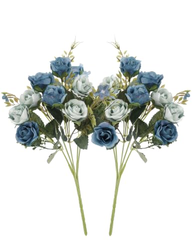 "Neendohome 2-Pack Artificial Flowers Small Roses 5 Stems 10 Heads, Blue - 11.8"" Tall, Realistic, Never Wilt, Bridal Bouquet or Vase Centerpiece, for Wedding, Party, Home Decor"