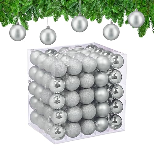 Relaxdays Christmas Baubles, Set of 100, Tree Ornaments, Holiday Decorations, Plastic, Shatterproof, 6 cm, Silver