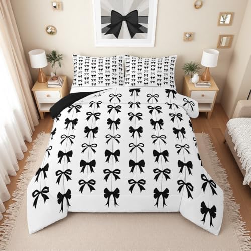 Erosebridal Black Bow Toddler Comforter Set for Girls - Coquette Bow Tie Bedding Sets for Kids Women, Black and White Ribbon Bows Bed Set, Cute Preppy Bowknot Room Decor, 1 Pillowcase