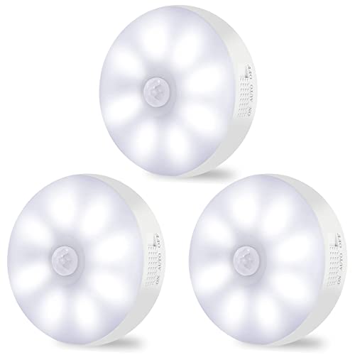 Motion Sensor Lights Indoor Rechargeable Wireless Wall Light LED Stair Night Lights Lamps with Auto/On/Off for Stairs Living Room Bathroom Corridors Closet Kitchen Under Cabinets (6000K, 3 Pack)