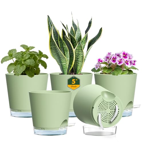 Meowell 5 inch Self Watering Pots for Indoor Plants, 5 Pack Small Plant Pots with Drainage Holes and Clear Reservoir for Visible Water Level, Plastic Wicking Planters for House Plants & Flower, Green