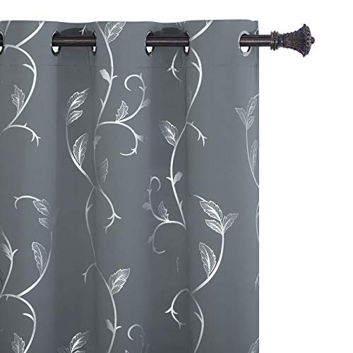 BUHUA Silver Wave Vine Foil Print Grommet Blackout Curtains Panels Room Darkening Thermal Insulated Curtains for Bedroom Grey 38W??72L Set of 2