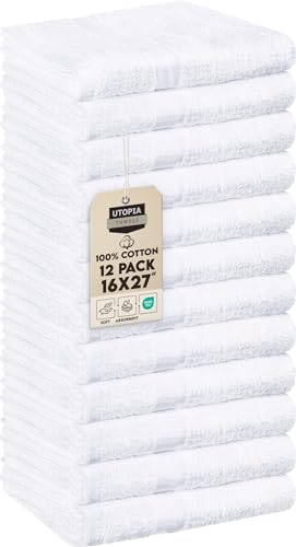 Utopia Towels - Salon Towel, Pack of 12 (Not Bleach Proof, 16x27 Inches) Highly Absorbent Cotton Towels for Hand, Gym, Beauty, Spa, and Home Hair Care, White