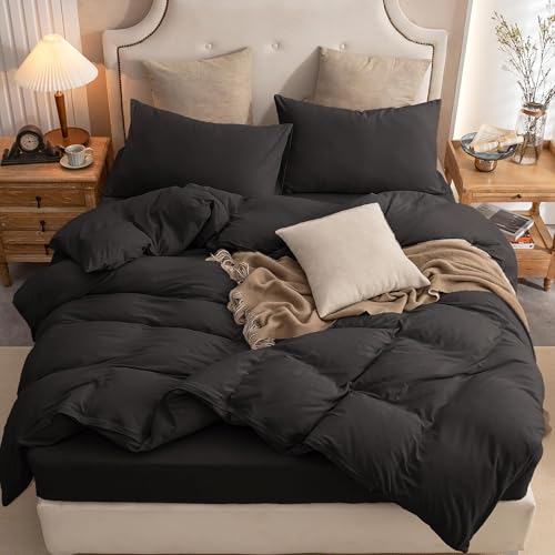 PURE ERA Jersey Knit Duvet Cover Set 100% T-Shirt Cotton Super Soft Comfy 3pc Bedding Set with Zipper Closure (Solid Black, Oversized Queen)