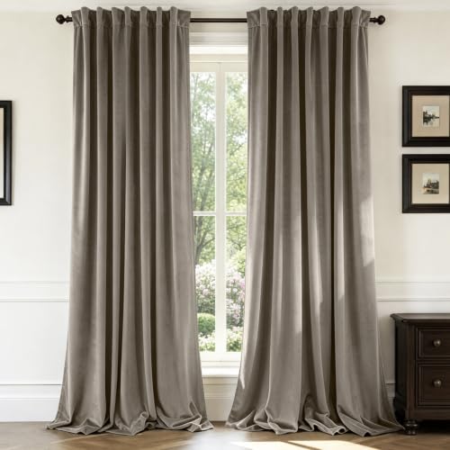 Benedeco Taupe Velvet Curtains for Bedroom Window, Super Soft Luxury Drapes, Room Darkening Thermal Insulated Rod Pocket Curtain for Living Room, W52 by L120 inches, 2 Panels
