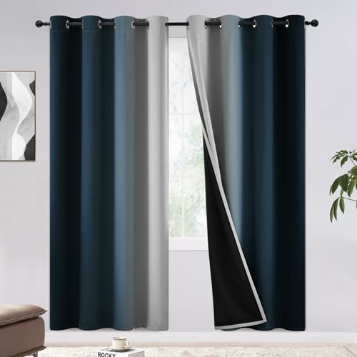 COSVIYA 100% Blackout Curtains & Drapes Ombre Navy Curtains 72 inch Length - Full Room Darkening Grommet Gradient Insulated Thermal Window Curtains for Bedroom/Living Room,52Wx72L inches???2 Panels
