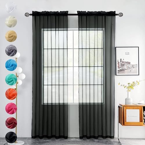 youleyar Solid Sheer Rod Pocket Curtain Voile Draperies 2 Panels White Beige Black Grey Coffee 60 Inch Width 63 Inch Long 1 Pair for Kitchen Bedroom Children Living Room Yard(Black,60W???63L)