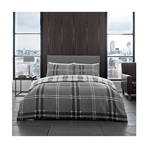 GC GAVENO CAVAILIA Printed Duvet Cover Sets, Reversible Bedding Bed Set, Polycotton Quilt Covers, Bardsley Check-Grey, Single