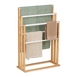 Relaxdays Towel Rack, 6 Bars, MDF & Bamboo, HWD: 82x55x24 cm, Free-Standing Airer, Bathroom Drying Rail, White/Natural