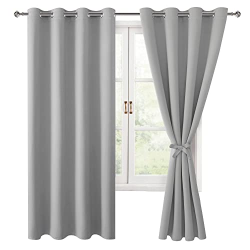 Hiasan Blackout Curtains for Bedroom, 52 x 63 Inches Length - Thermal Insulated & Light Blocking Window Curtains for Living Room/Kids Room, 2 Drape Panels Sewn with Tiebacks, Silver Grey