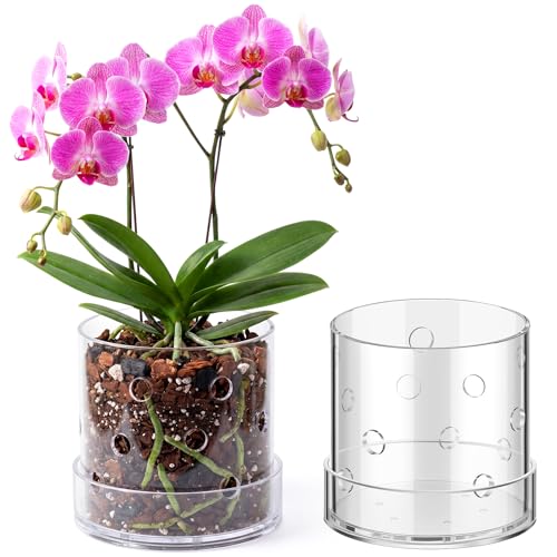 Yiyiring 5 Inch Clear Acrylic Orchid Planter Pot with Tray and Drainage Holes Planter Pot, Saucer for Bottom Watering Transparent Containers for Indoor Orchids Flower Home Decor