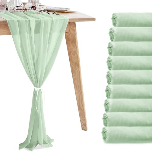 10 Pack 10ft Sage Green Chiffon Table Runners,Wedding Table Runner,Sheer Romantic Tulle Table Runner for Christmas Wedding Bridal Tea Party Baby Shower Birthday Party Table Decorations(120 x 12 in)