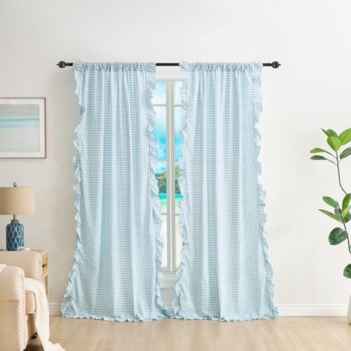 K MASANIJI Light Blue White Plaid Gingham Ruffle Curtains 2 Panels, 100% Washed Cotton Drapes for Bedroom Living Room Doorway Shabby and Chic Window Treatment Rod Pocket, W52 xH63