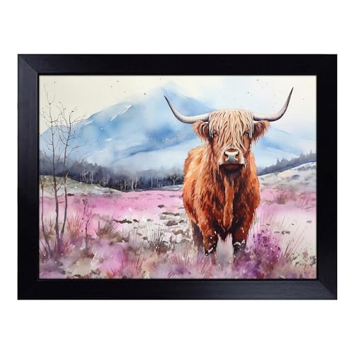 Lap Tray with Bean Bag Cushion, Highland Cow Watercolour - Handmade in the UK, Raised Wooden Edge, Padded Cushion, Heat-Resistant Wipe-Clean Surface, for Meals, Laptops and Crafts