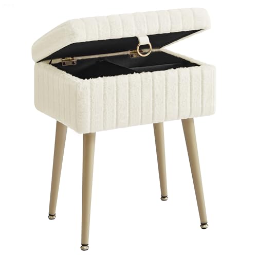 SONGMICS Rectanglular Vanity Stool Chair with Storage, Dressing Table Stool, Footrest Footstool Ottoman, Metal Legs, Adjustable Feet, for Living Room, Bedroom, Makeup Room, Cream White LOM505WZ03