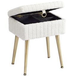 SONGMICS Rectanglular Vanity Stool Chair with Storage, Dressing Table Stool, Footrest Footstool Ottoman, Metal Legs, Adjustable Feet, for Living Room, Bedroom, Makeup Room, Cream White LOM505WZ03