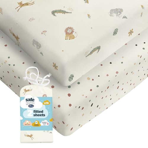 Silentnight Safe Nights Fitted Sheet - Crib Mattress - Breathable 100% Cotton Jersey - Super Soft Kind to Baby Skin - Secure Fit with Elasticated Corners - 2 Pack, Crib, Safari