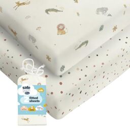 Silentnight Safe Nights Fitted Sheet - Crib Mattress - Breathable 100% Cotton Jersey - Super Soft Kind to Baby Skin - Secure Fit with Elasticated Corners - 2 Pack, Crib, Safari