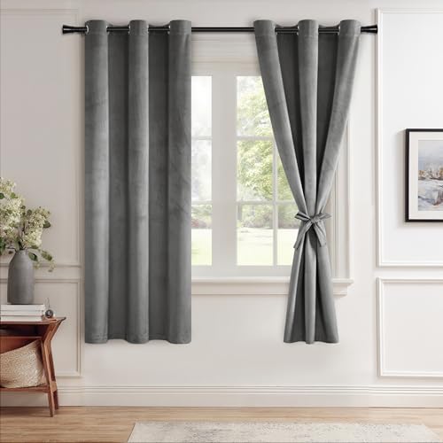 JIUZHEN Grey Velvet Curtains 63 inches Blackout Curtains for Living Room - Privacy Protect Room Darkening Grommet Thick Velvet Window Drapes for Bedroom, Set of 2 with Tiebacks, 42W x 63L