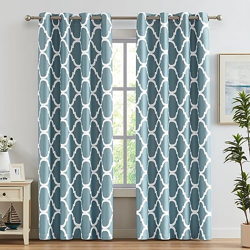 Melodieux Moroccan Printed Room Darkening Blackout Grommet Curtains for Living Room Bedroom, 52 by 84 Inch, Dusty Teal (2 Panels)
