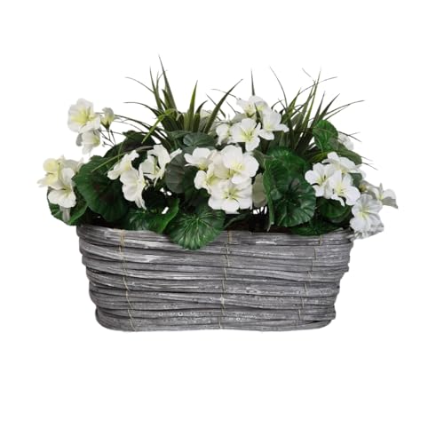 GreenBrokers Artificial White Geranium Flowers & Lemon Grass in Rounded 40cm Rectangle Grey Wash Willow Basket - Faux Silk - UV Protected