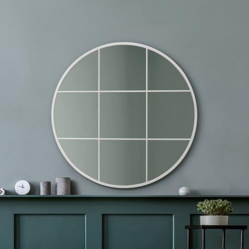 "MirrorOutlet The Circulus - Solid White Metal Framed Window Modern Round Circular Wall Mirror 31"" X 31"" (80CM X 80CM) Silver Mirror Glass with Black All weather Backing."