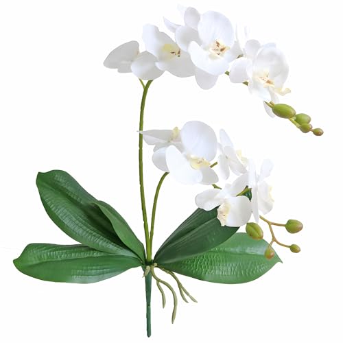 Jasming Artificial Phaleanopsis Flowers Fake Orchids Leaves Branches for Home Bonsai Garden Decoration (White)