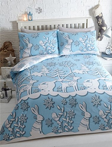 Mountain Snow Christmas Duvet Cover and 2 Pillowcase Set, Blue, Double