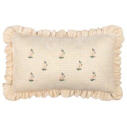 furn. Les Petite Fleurs Cushion Cover – Embroidered Floral Ruffle Trim Gingham Decorative Case (Natural – 30x50cm)