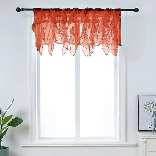 PearAge Ruffled Voile Semi Sheer Curtain Valance, Living Room Kitchen Shabby Chic Ruffle Valance Curtains, Cascade Window Valance Great for Girls Daughters Bedroom 50x16 Inches (Red)
