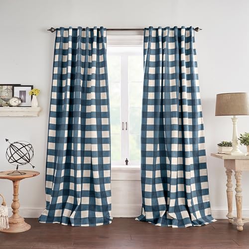 "Elrene Home Fashions Farmhouse Living Grainger Buffalo-Check Blackout Window Curtain, Living Room and Bedroom Drape with Rod Pocket Tabs, 52"" x 84"", Indigo, 1 Panel"