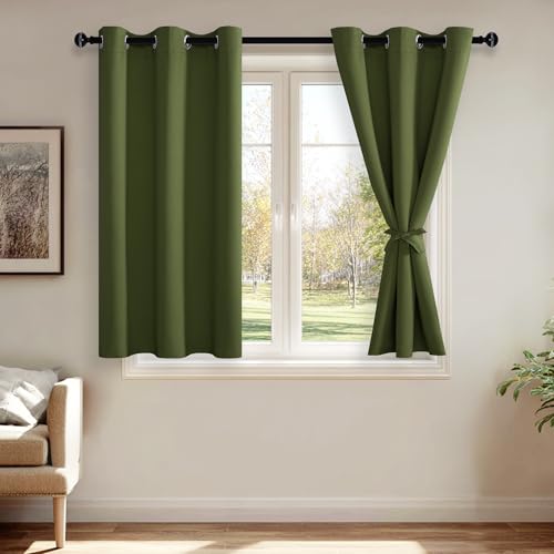 JIUZHEN Olive Green Blackout Curtains for Bedroom - Light Blocking and Noise Reducing Grommet Curtains for Living Room Darkening Curtains, Set of 2 Window Curtain Panels, 42 x 54 Inch Length