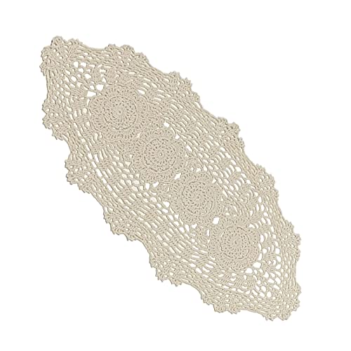 Phantomon Oval Lace Table Runner Doilies Floral Table Scarf Furniture Cloth Cover Handmade Crochet Placemats, 100% Cotton (12x24 Inch, Beige)