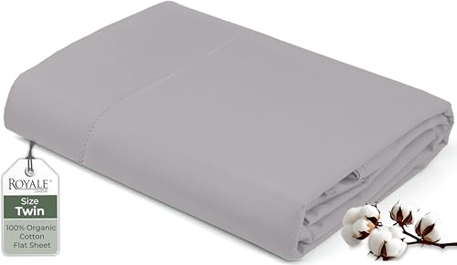 "Royale Linens 100% Organic Cotton Twin Flat Sheet Only - Super Soft - Percale Top Sheets - Twin Flat Sheet Sold Separately - Breathable, Cool & Crisp Sheets Only (66"" x 96"", Silver)"
