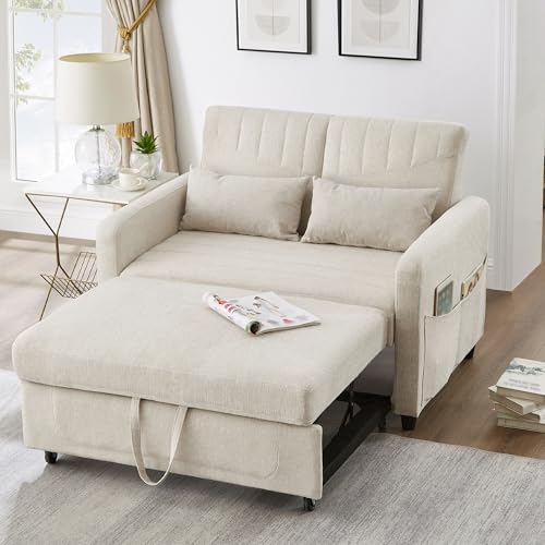Ball & Cast Double Sofa Bed, 2 Seater Sofa Bed Double with Adjustable Backrest & Side Pockets, Pull Out Convertible Sofa Bed 112x169cm, Linen Foam Guest Bed for Living Room Small Spaces, Beige