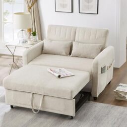Ball & Cast Double Sofa Bed, 2 Seater Sofa Bed Double with Adjustable Backrest & Side Pockets, Pull Out Convertible Sofa Bed 112x169cm, Linen Foam Guest Bed for Living Room Small Spaces, Beige