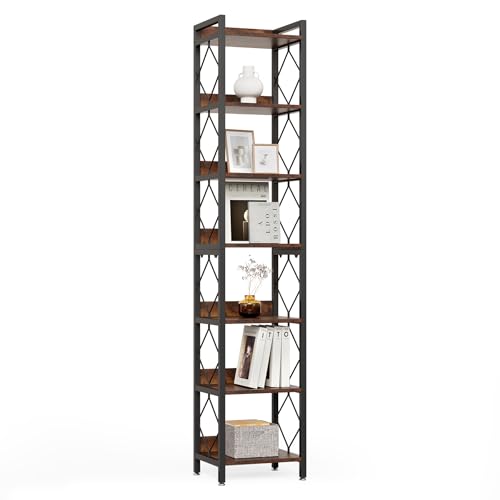LITTLE TREE 7-Tier Bookcase, Bookshelf, Metal Shelving Unit, 35 x 35 x 200 cm, Industrial, Tall Freestanding Bookcases for Living Room, Home Office, Bedroom, Rustic Brown and Ink Black
