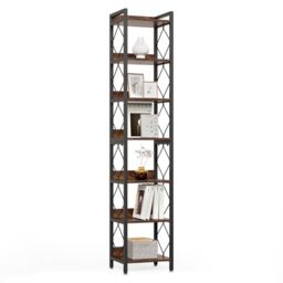 LITTLE TREE 7-Tier Bookcase, Bookshelf, Metal Shelving Unit, 35 x 35 x 200 cm, Industrial, Tall Freestanding Bookcases for Living Room, Home Office, Bedroom, Rustic Brown and Ink Black