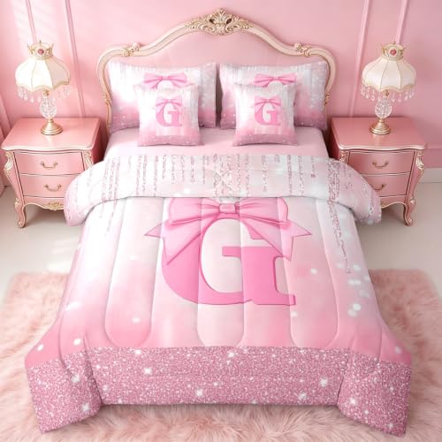 Feelyou Kids Pink Bowknot Bed in A Bag Full Size, Personalized Initial G Comforter Set with Sheets Princess Glitter 7 Pieces Bedding Set Boys Girls Bow Alphabet Teens Bed Set Bedroom Decor 7Pcs