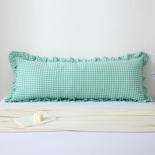 "K MASANIJI Spa Blue White Gingham Ruffle Body Pillow Cover 20""x54"" - 100% Washed Cotton, Checkered Plaid Farmhouse Bed Pillow Shams, Envelope Closure"