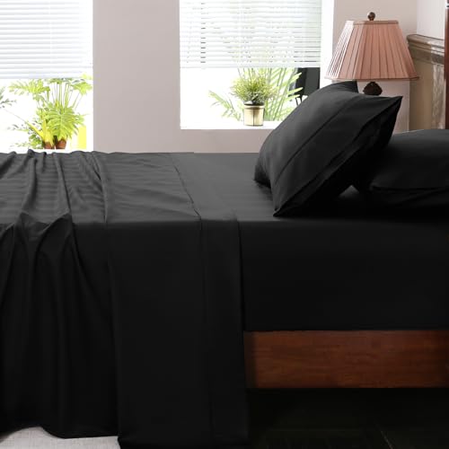 Overket Extra Deep Pocket King Sheets 18-24 Inch 100% Egyptian Cotton 1000 Thread Count Sateen Weave Soft Breathable 4 Pieces???King???Black???