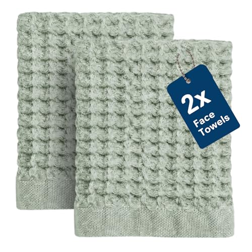 "Onsen Supima Waffle Face Towel 2 Pack - Luxury Cotton Towels - Quick Dry, Soft, Absorbent, Lightweight Spa Towels for Bathroom - Sage Green, 12"" x 12"""