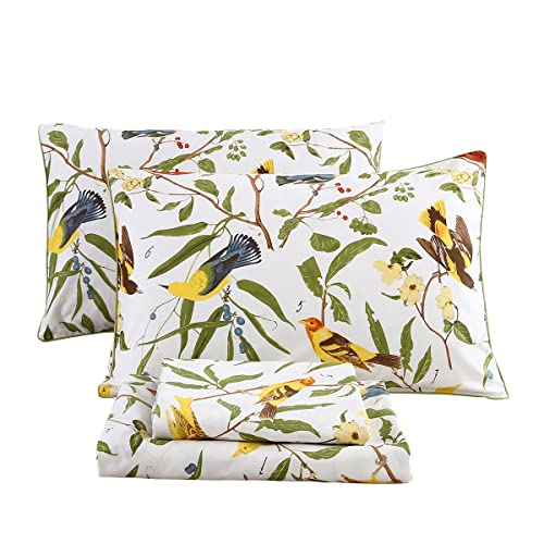 URBONUR 4Pcs Birds Sheets Set for King Bed, Farmhouse Green Leaves Pattern, Luxurious Egyptian Percale Cotton Bed Sheet Silky Smooth Breathable & Cooling Sheets Set Bedding Collection, King Size