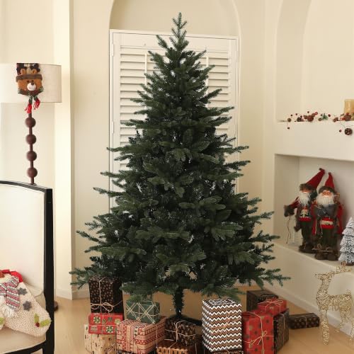 HOMCOM 6ft Artificial Spurce Christmas Tree 1696 Branch Tips Hinged Green - Foldable Steel Base, Realistic Xmas Tree, for Home Office