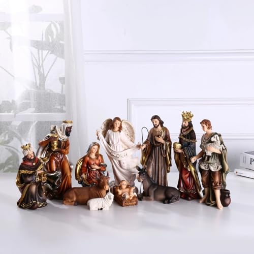 Olivialand MANDOYV T04 Nativity Set 8.5 inch Resin Stone 11 Figurines, Catholic Gift Holy Family Christmas Decoration Nativity Scene