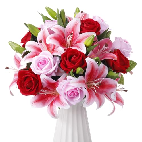 Hotop 20 Pcs Artificial Flowers Velvet Realistic Roses and Latex Lilies Flowers Bouquet Decorations Arrangements for Home Table Centerpieces Veterans Day Christmas(Pink,Red,Rose Red)