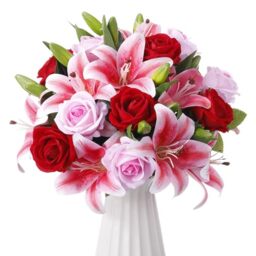 Hotop 20 Pcs Artificial Flowers Velvet Realistic Roses and Latex Lilies Flowers Bouquet Decorations Arrangements for Home Table Centerpieces Veterans Day Christmas(Pink,Red,Rose Red)